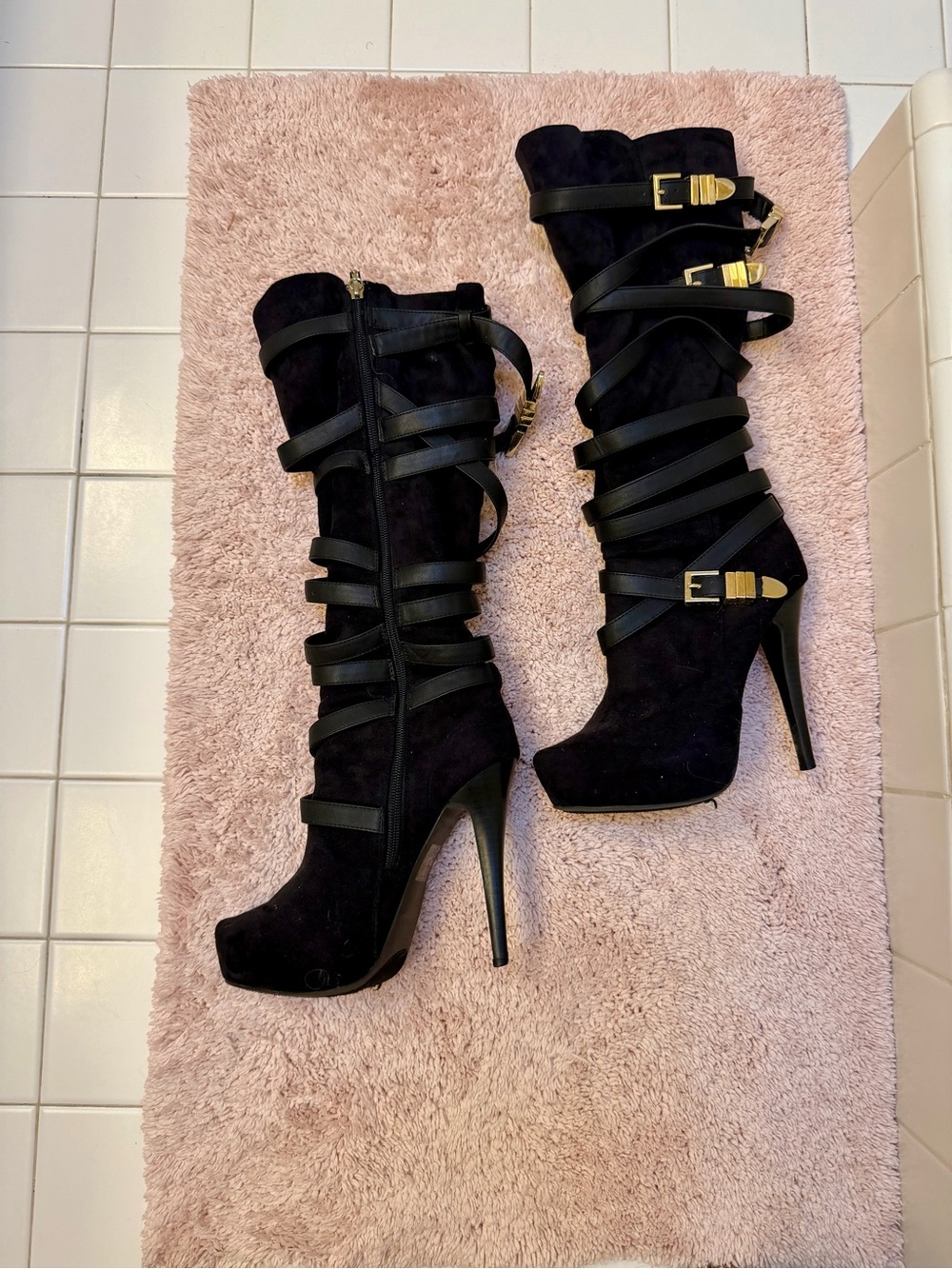 bebe Black Suede Wrap-Strap Stiletto Knee Boots with Gold Accents - Picture 3 of 10